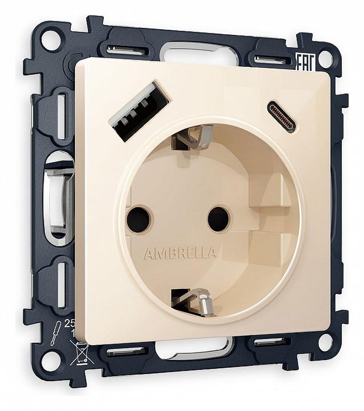Розетка с заземлением и 2хUSB type A и C, без рамки Ambrella Volt Quant MA310010 цвет Бежевый