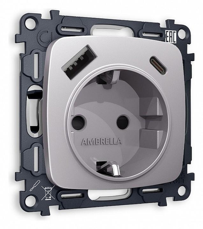 Розетка с заземлением и 2хUSB type A и C, без рамки Ambrella Volt Quant MO510010 цвет Сталь
