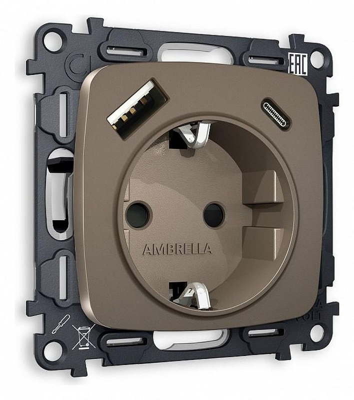 Розетка с заземлением и 2хUSB type A и C, без рамки Ambrella Volt Quant MO640010 цвет Бронза