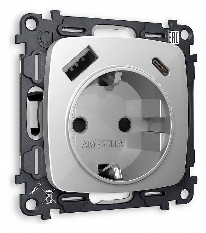 Розетка с заземлением и 2хUSB type A и C, без рамки Ambrella Volt Quant MO410010 цвет Серебро