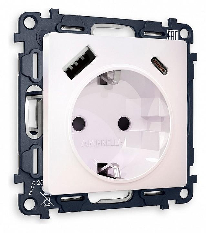 Розетка с заземлением и 2хUSB type A и C, без рамки Ambrella Volt Quant MA210010 цвет Жемчужный, Белый
