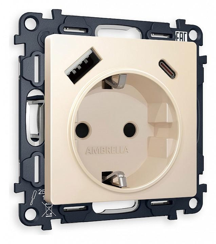 Розетка с заземлением и 2хUSB type A и C, без рамки Ambrella Volt Quant MA330010 цвет Бежевый