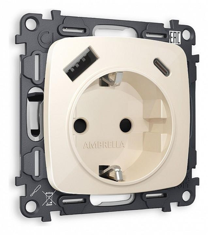Розетка с заземлением и 2хUSB type A и C, без рамки Ambrella Volt Quant MO310010 цвет Бежевый