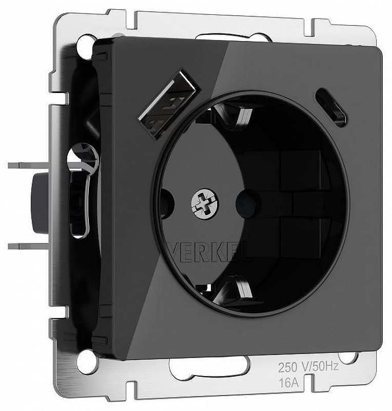 Розетка с заземлением и со шторками и 2хUSB, без рамки Werkel черный акрил W1171748 цвет Черный