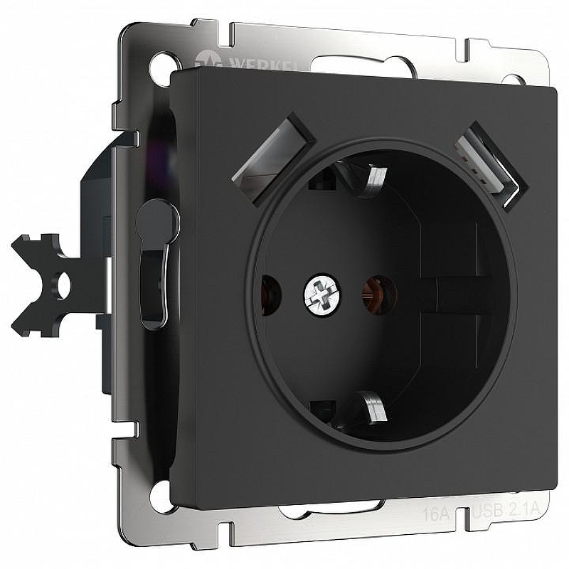 Розетка с заземлением и со шторками и 2хUSB, без рамки Werkel черный матовый W1171508 цвет Черный