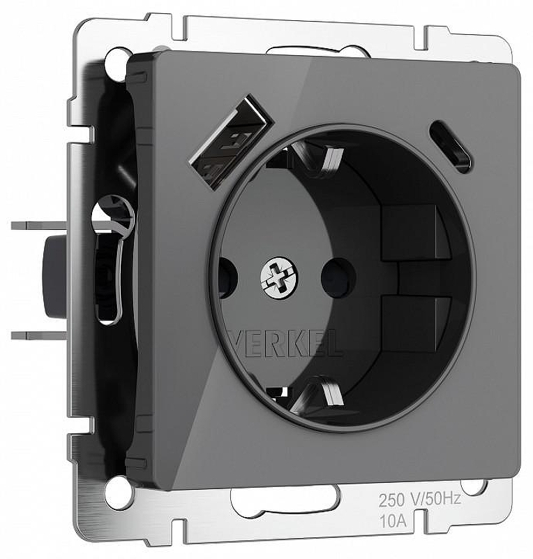 Розетка с заземлением и со шторками и 2хUSB, без рамки Werkel графит акрил W1171744 цвет Графит