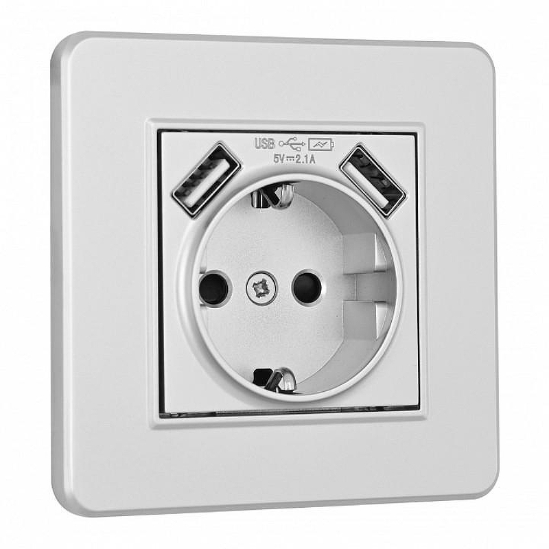 Розетка с заземлением и со шторкой и 2хUSB Arte Milano SET16-1 SET16-1-47-1 silver цвет Серебро