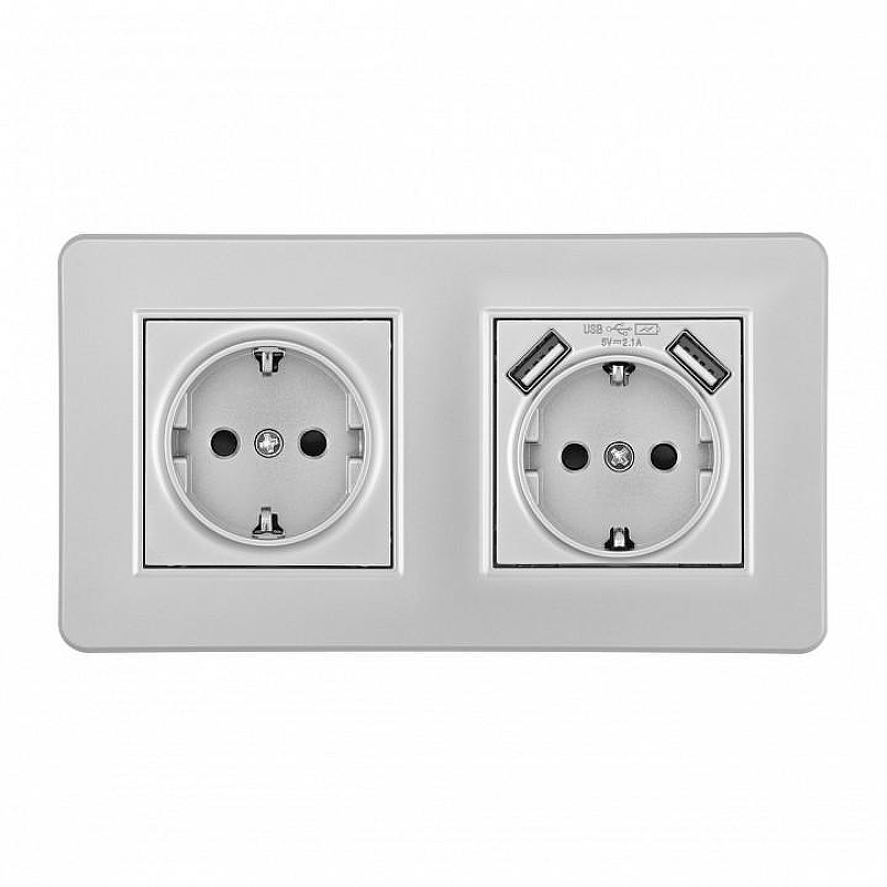 Розетка с заземлением и со шторкой и 2хUSB Arte Milano SET16-2 SET16-2-47-1-40-1 silver цвет Серебро