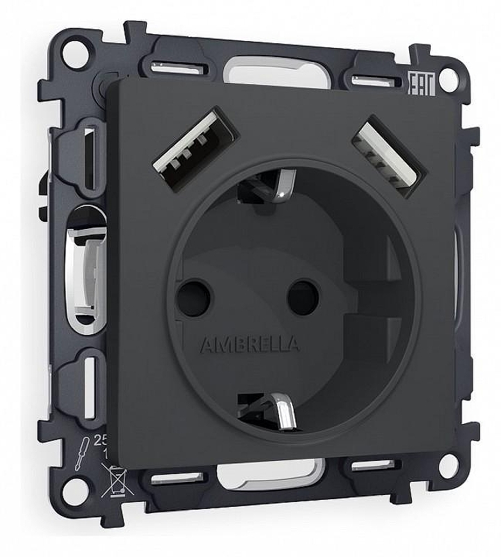 Розетка с заземлением и со шторкой и 2хUSB type A, без рамки Ambrella Volt Quant MA909010 цвет Графит