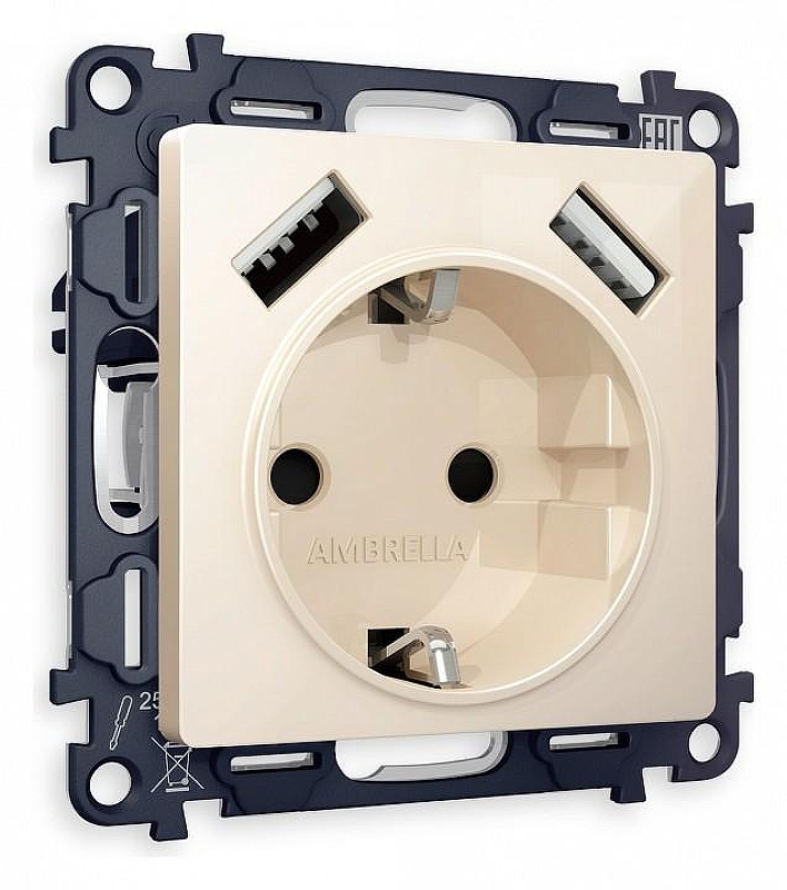 Розетка с заземлением и со шторкой и 2хUSB type A, без рамки Ambrella Volt Quant MA309010 цвет Бежевый