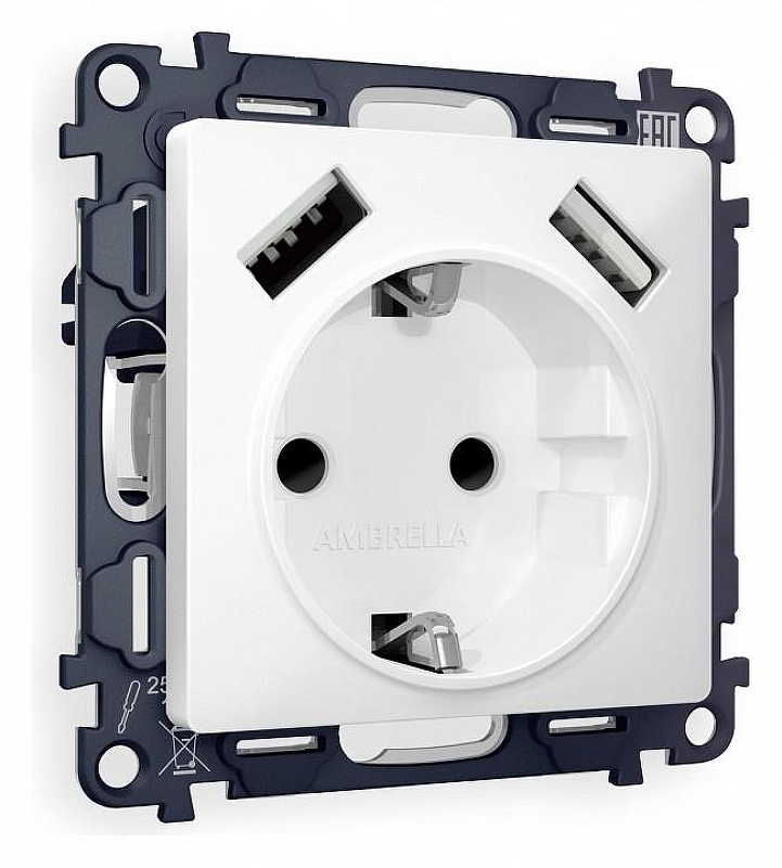 Розетка с заземлением и со шторкой и 2хUSB type A, без рамки Ambrella Volt Quant MA129010 цвет Белый