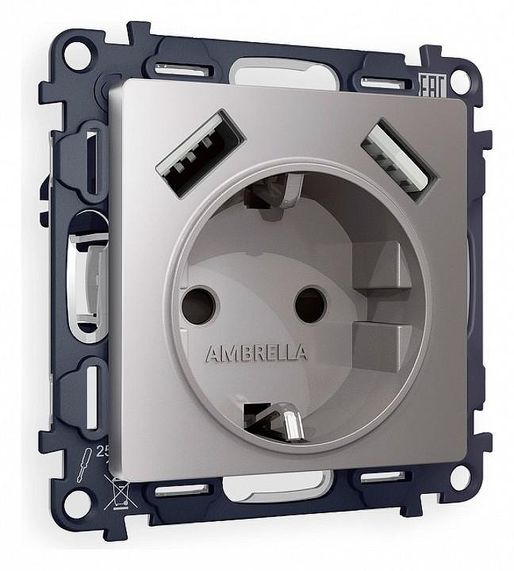 Розетка с заземлением и со шторкой и 2хUSB type A, без рамки Ambrella Volt Quant MA509010 цвет Сталь