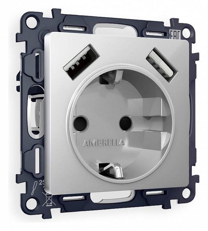 Розетка с заземлением и со шторкой и 2хUSB type A, без рамки Ambrella Volt Quant MA409010 цвет Серебро