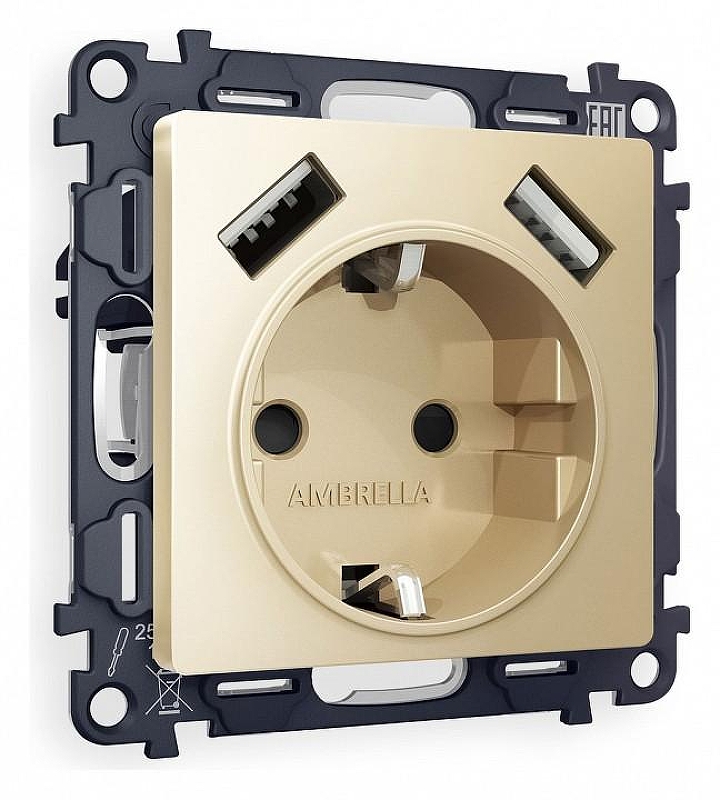 Розетка с заземлением и со шторкой и 2хUSB type A, без рамки Ambrella Volt Quant MA609010 цвет Бежевый