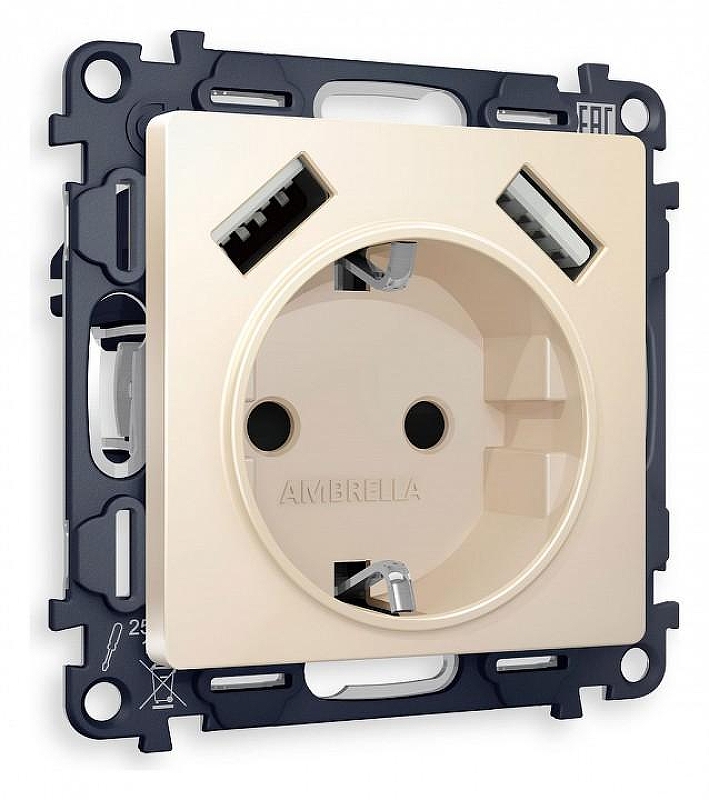 Розетка с заземлением и со шторкой и 2хUSB type A, без рамки Ambrella Volt Quant MA329010 цвет Бежевый