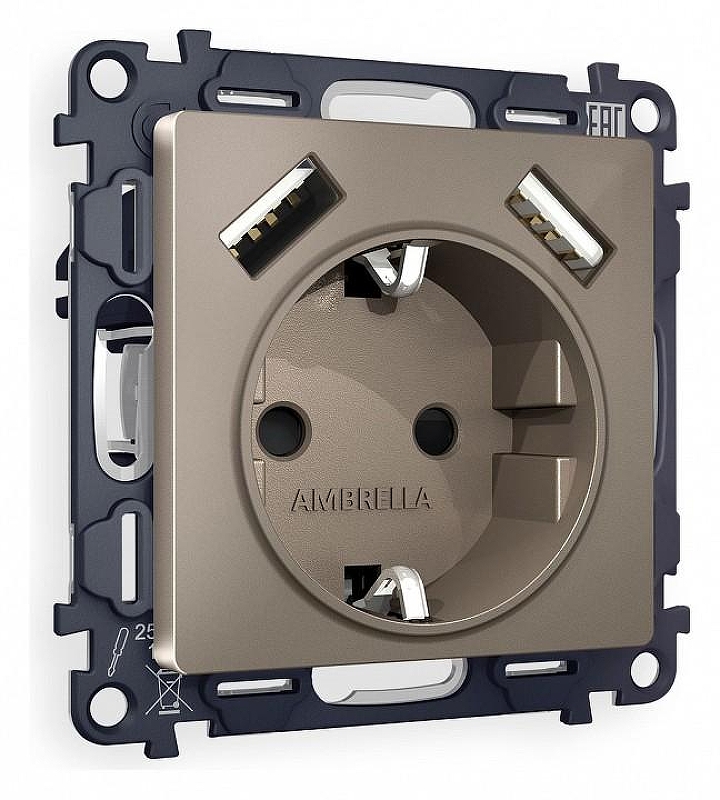 Розетка с заземлением и со шторкой и 2хUSB type A, без рамки Ambrella Volt Quant MA639010 цвет Бронза
