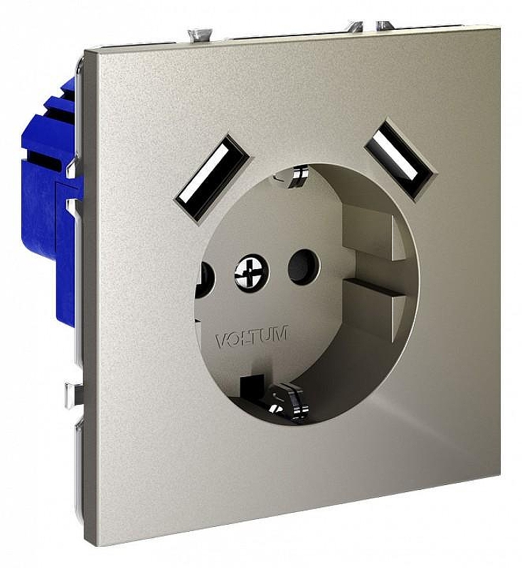 Розетка с заземлением и со шторкой и 2хUSB type A, без рамки Voltum S70 VLS040404 цвет Бежевый