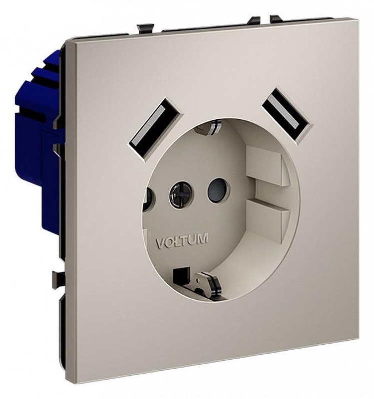 Розетка с заземлением и со шторкой и 2хUSB type A, без рамки Voltum S70 VLS040403 цвет Серый