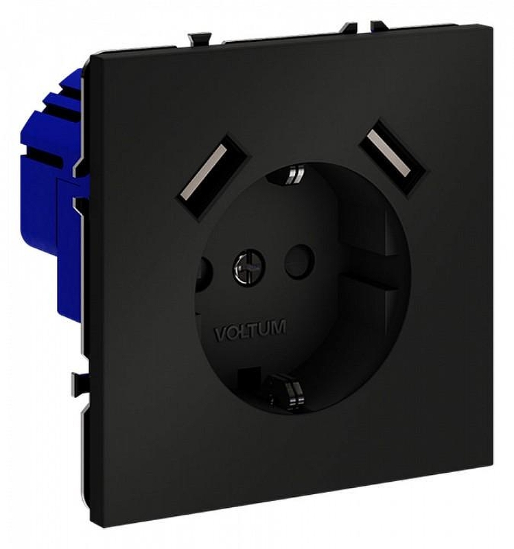 Розетка с заземлением и со шторкой и 2хUSB type A, без рамки Voltum S70 VLS040408 цвет Черный