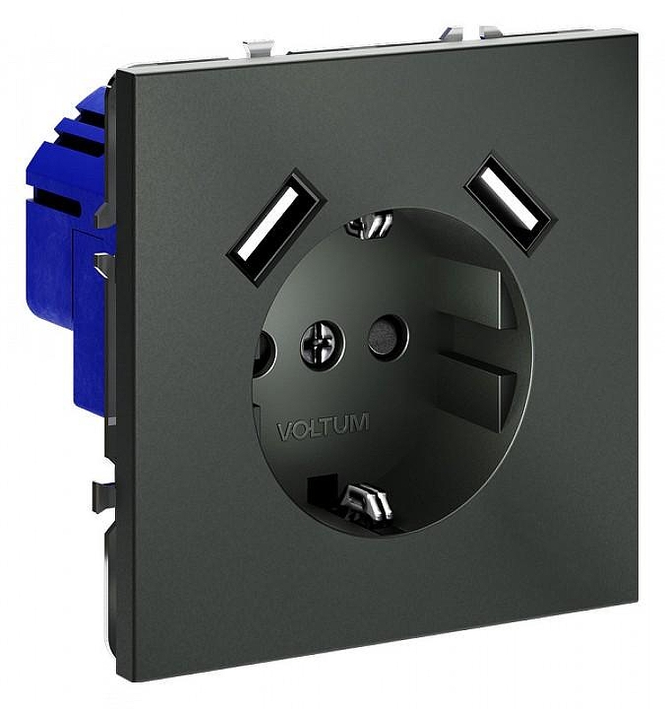 Розетка с заземлением и со шторкой и 2хUSB type A, без рамки Voltum S70 VLS040406 цвет Серебро