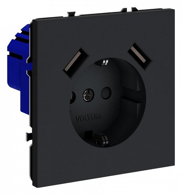 Розетка с заземлением и со шторкой и 2хUSB type A, без рамки Voltum S70 VLS040407 цвет Графит