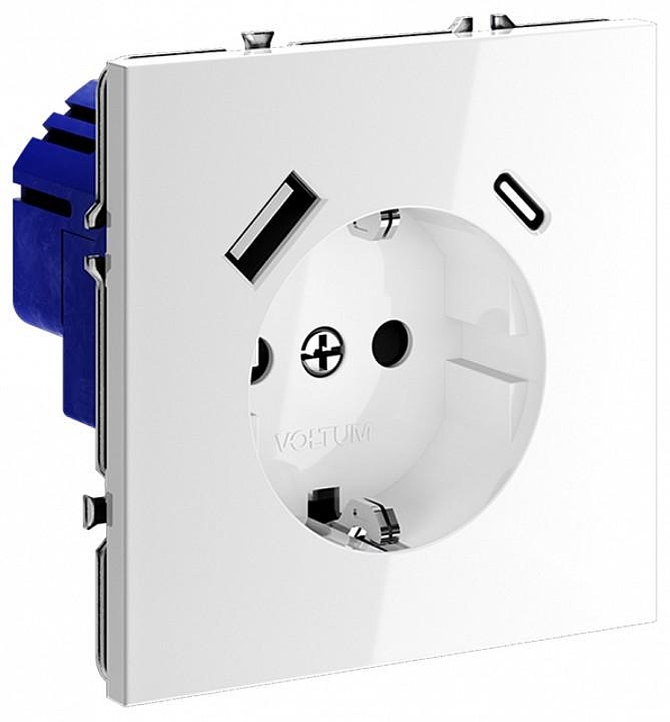 Розетка с заземлением и со шторкой и 2хUSB type A и C, без рамки Voltum S70 VLS040501 цвет Белый
