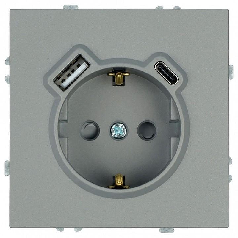 Розетка с заземлением и со шторкой и 2хUSB type A и C, без рамки Stekker Эмили 50219 цвет Серый