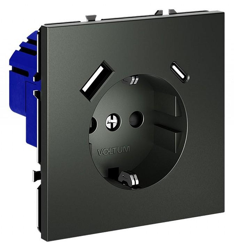 Розетка с заземлением и со шторкой и 2хUSB type A и C, без рамки Voltum S70 VLS040506 цвет Серебро