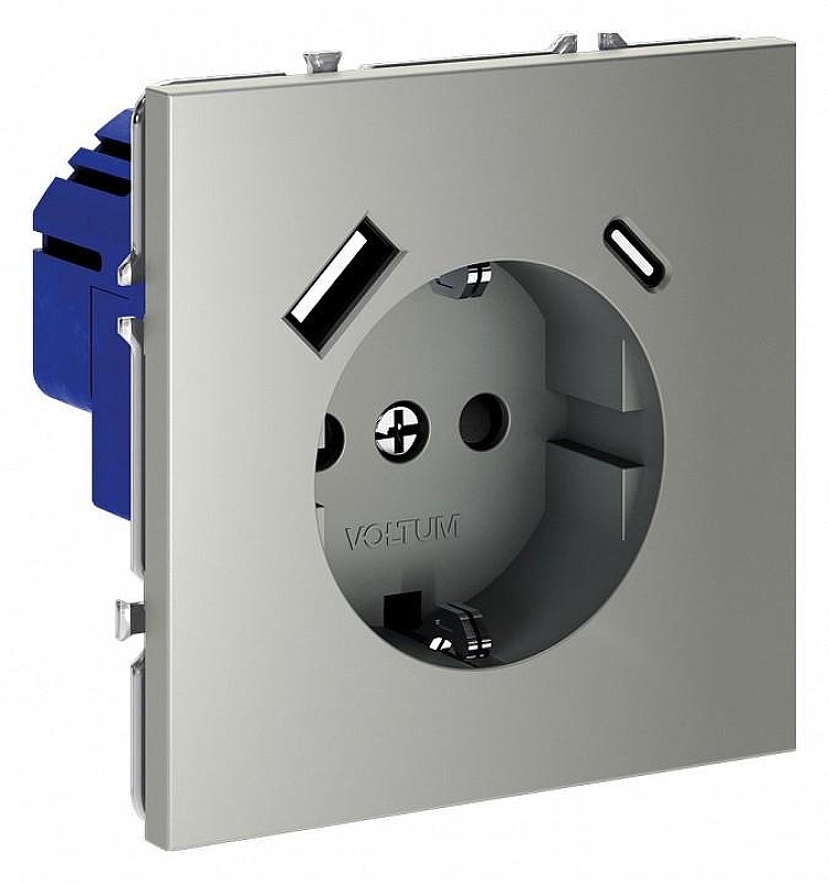 Розетка с заземлением и со шторкой и 2хUSB type A и C, без рамки Voltum S70 VLS040505 цвет Сталь