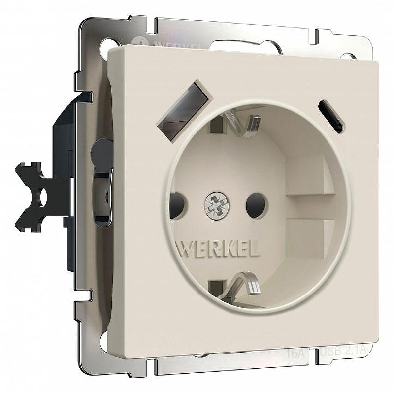 Розетка с заземлением и со шторкой и 2хUSB type A и C, без рамки Werkel айвори матовый W1171762 цвет Желтый