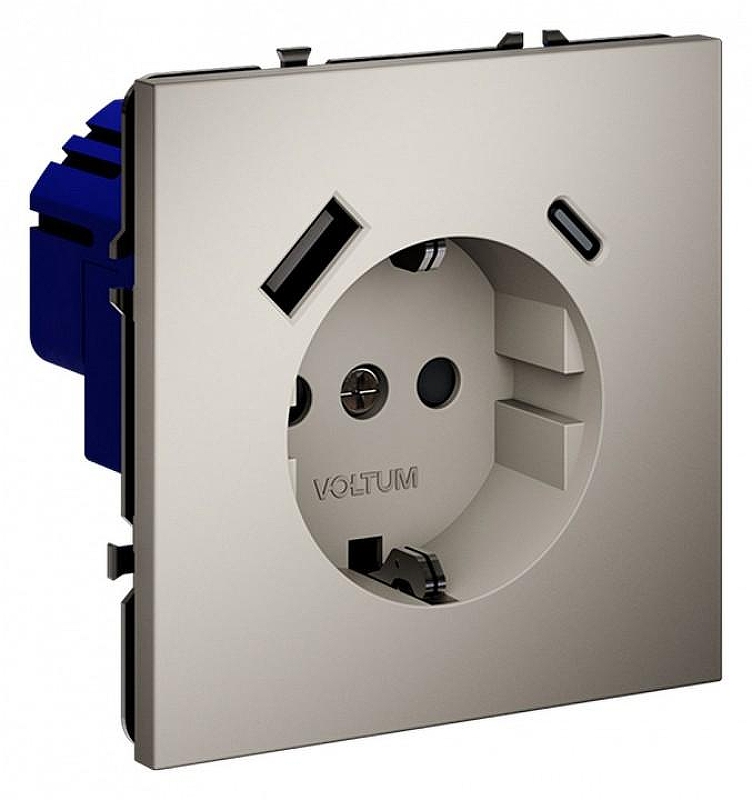 Розетка с заземлением и со шторкой и 2хUSB type A и C, без рамки Voltum S70 VLS040503 цвет Серый