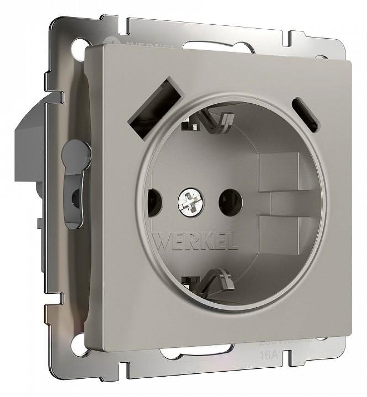 Розетка с заземлением и со шторкой и 2хUSB type A и C, без рамки Werkel дымчатый W1271704 цвет Серый