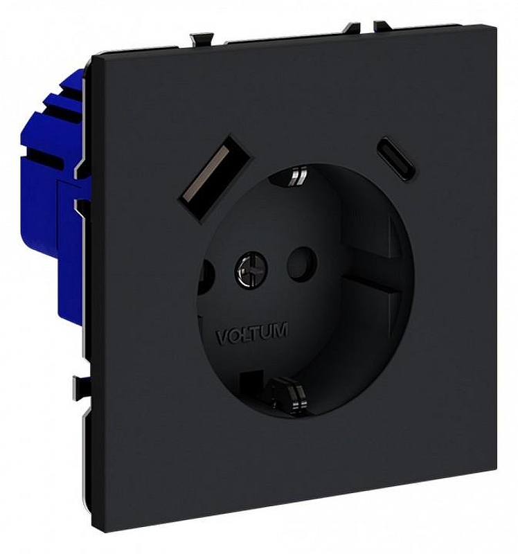 Розетка с заземлением и со шторкой и 2хUSB type A и C, без рамки Voltum S70 VLS040507 цвет Графит