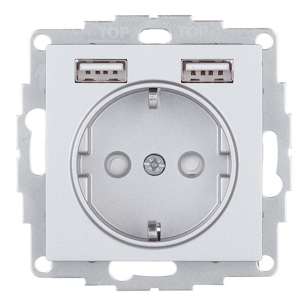 Розетка Systeme Electric AtlasDesign встраиваемая алюминий с заземлением 2хUSB-А (ATN000330)