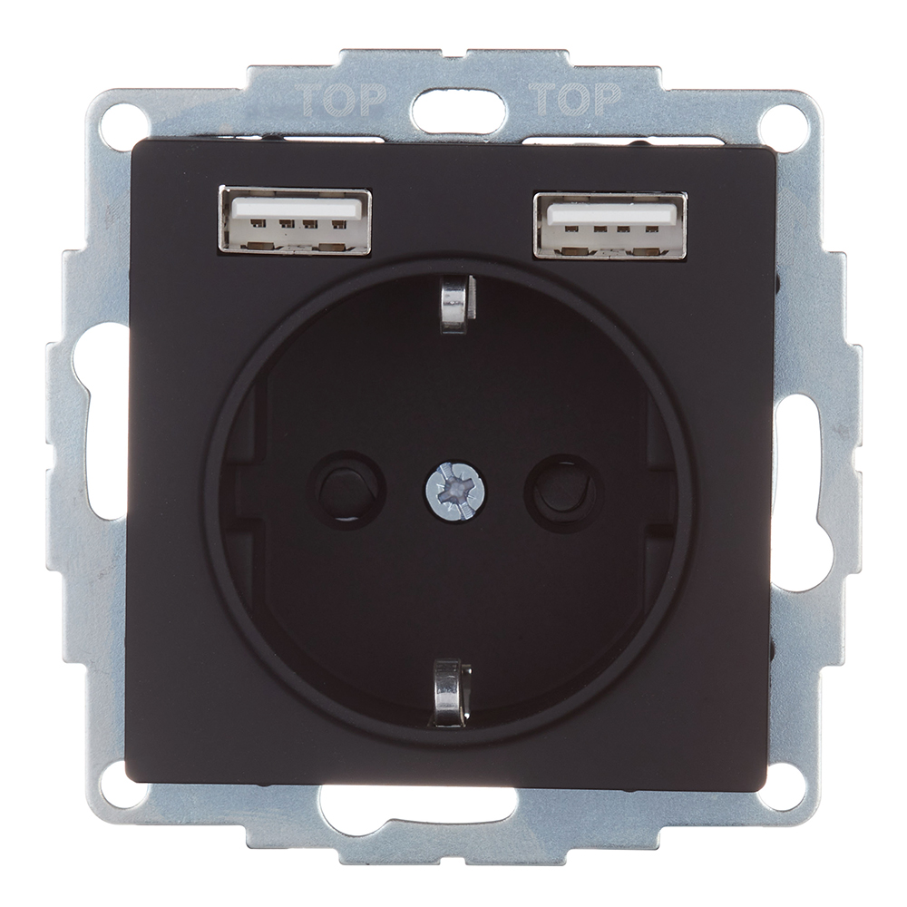 Розетка Systeme Electric AtlasDesign встраиваемая карбон с заземлением 2хUSB-А (ATN001030)