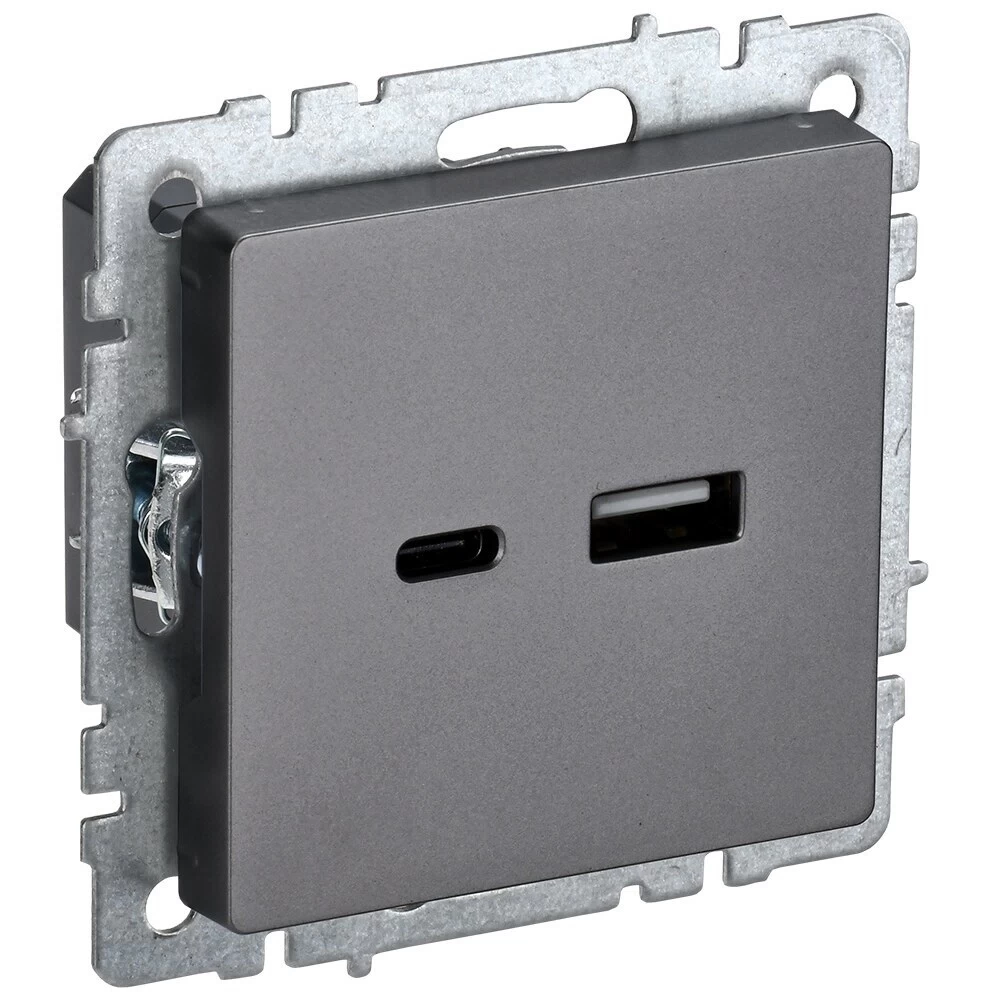Розетка USB IEK Brite встраиваемая сталь USB-A/ Type-C (BR-U22-018-K46)