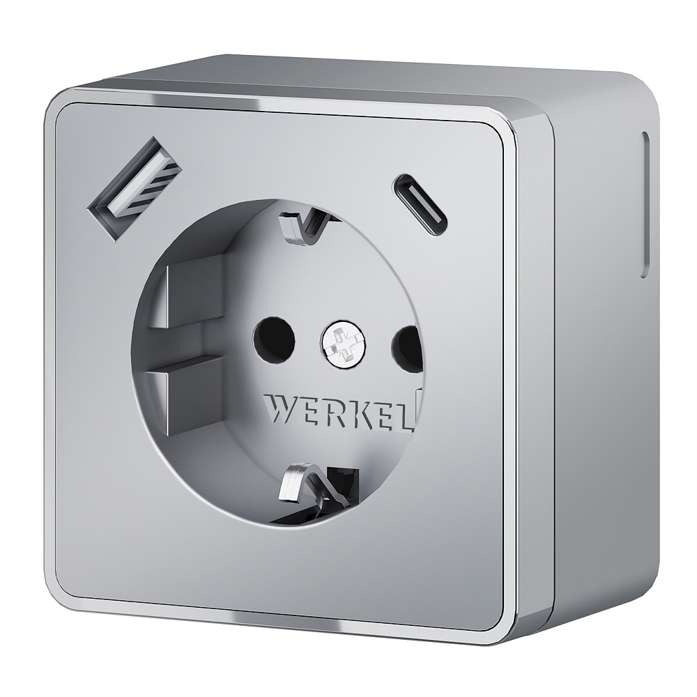 Розетка Werkel Gallant накладная серебряная с заземлением со шторками с USB-A/ Type-C (a057701)