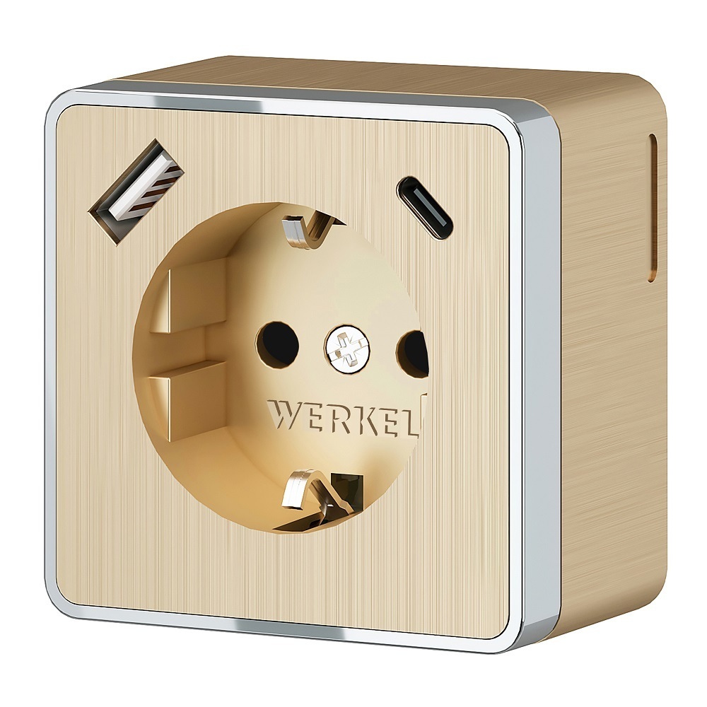 Розетка Werkel Gallant накладная шампань рифленая с заземлением со шторками с USB-A/ Type-C (a057703)