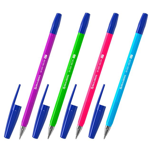 ручка шариковая BRAUBERG "M-500 neon", синяя, корпус ассорти