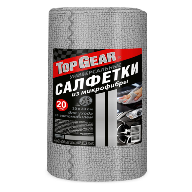 салфетки из микрофибры для автомобиля TOP GEAR в рулоне 30х30см 20шт