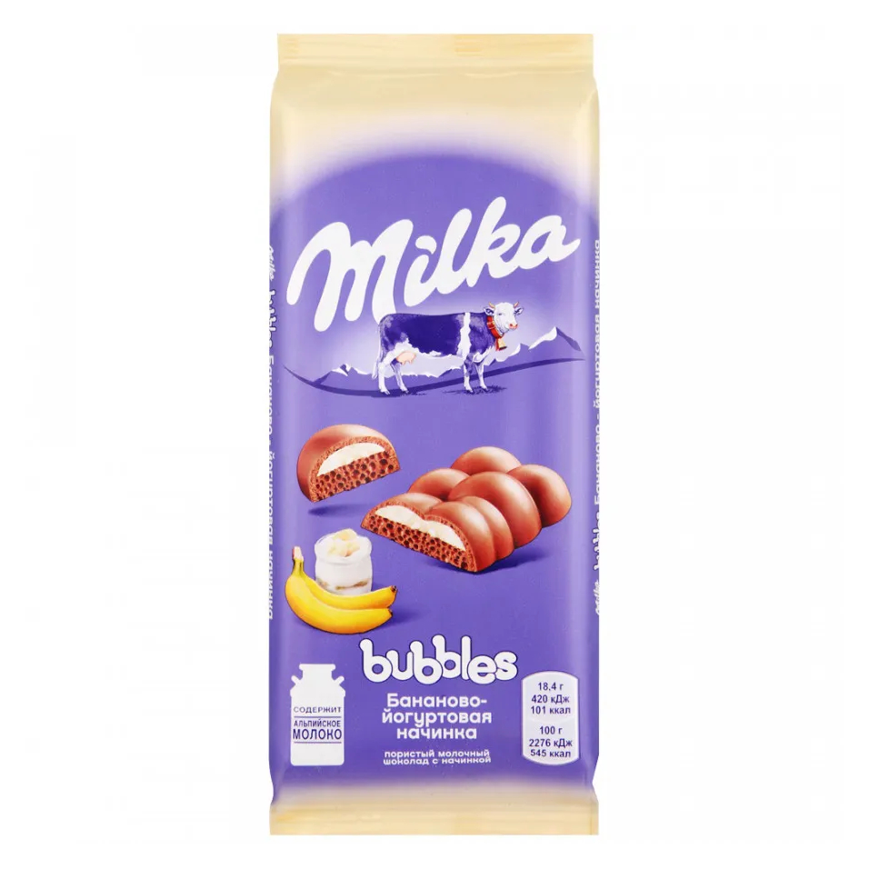 Шоколад молочный Milka Bubbles пористый с начинкой из банана и йогурта, 92 г
