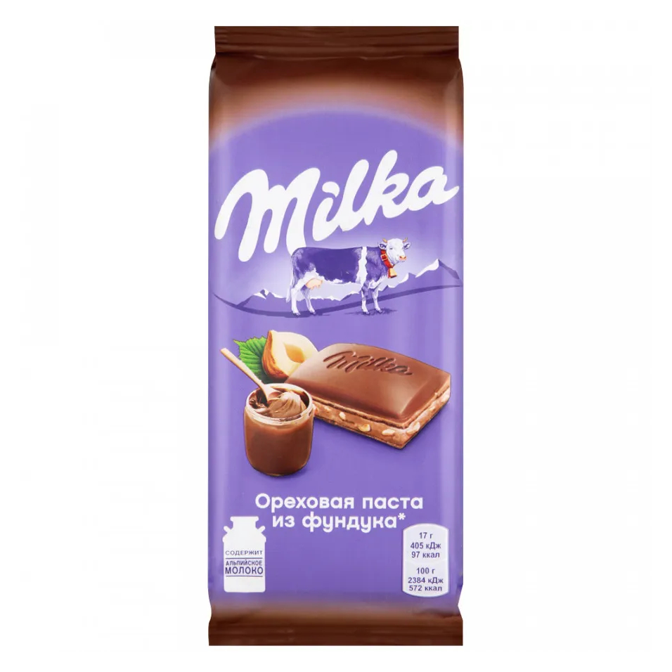 Шоколад молочный Milka двухслойный с начинкой из ореховой пасты и фундука, 85 г