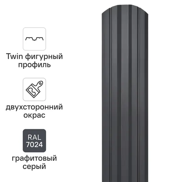 Штакетник Grand Line Twin фигурный 100 мм 1.81 м двухсторонний фигурная кромка RAL 7024 серый 10 шт.