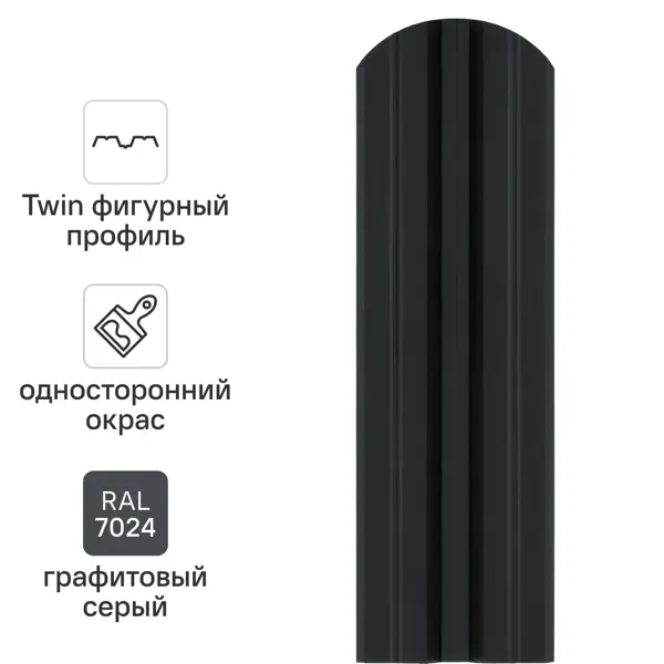 Штакетник стальной Twin фигурный 100 мм 1.5 м односторонний RAL 7024 темно-серый 10 шт.