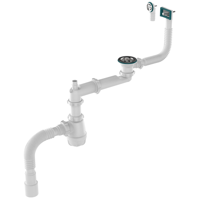 сифон для мойки AQUANT 1.1/2"х40 со смещением с переливом с отводом с гибкой трубой 40х40/50