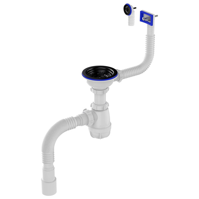 сифон для мойки AQUANT 3.1/2"х40 прямоугольный/круглый перелив с черной метал. решеткой с гибкой тр