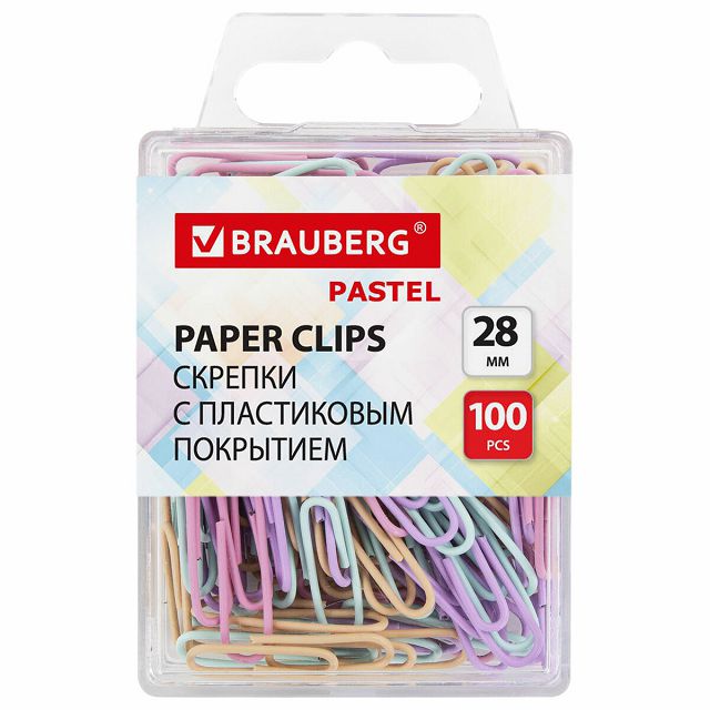 скрепки BRAUBERG Pastel 28 мм 100шт в пластиковой коробке пастельные цвета