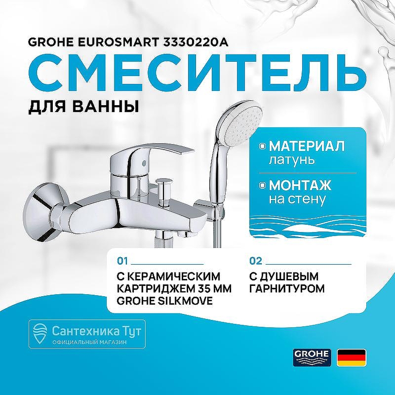 Смеситель для ванны Grohe Eurosmart 3330220A Хром