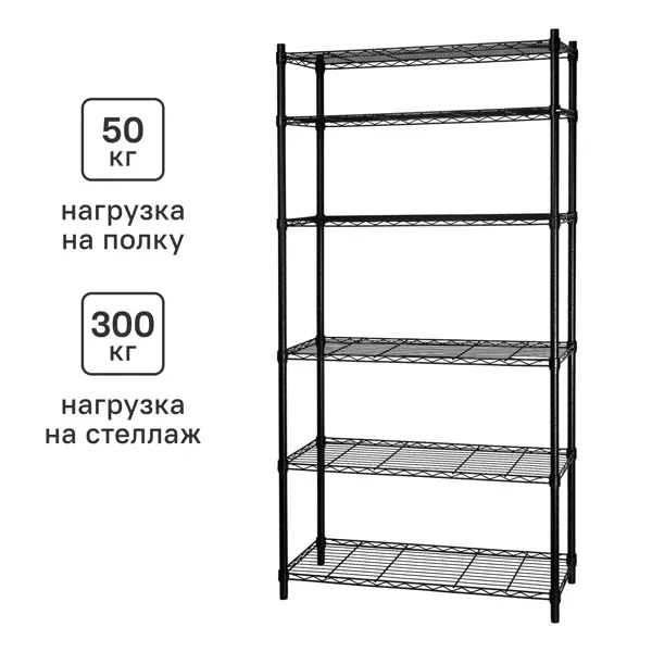 Стеллаж сетчатый металл 6 полок Spaceo 90x180x35 см цвет черный нагрузка на полку 50 кг