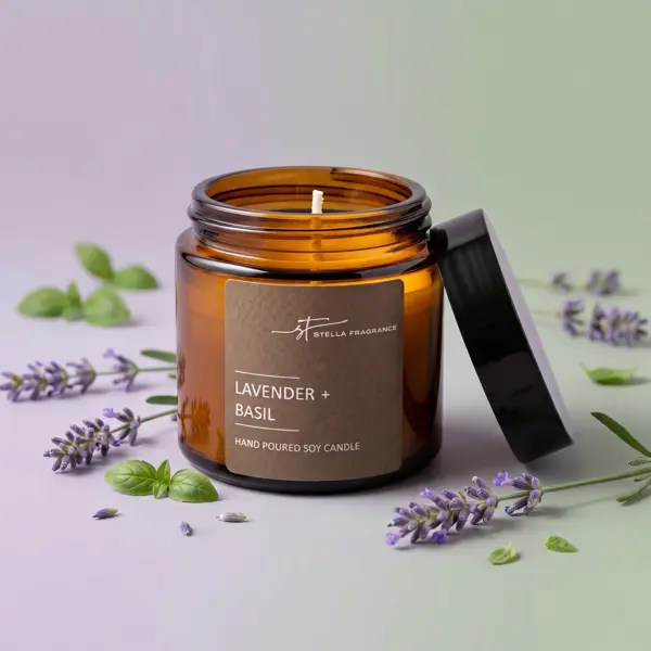 Свеча ароматизированная в стеклянной банке Stella Fragrance Lavender Basil коричневая 90 г